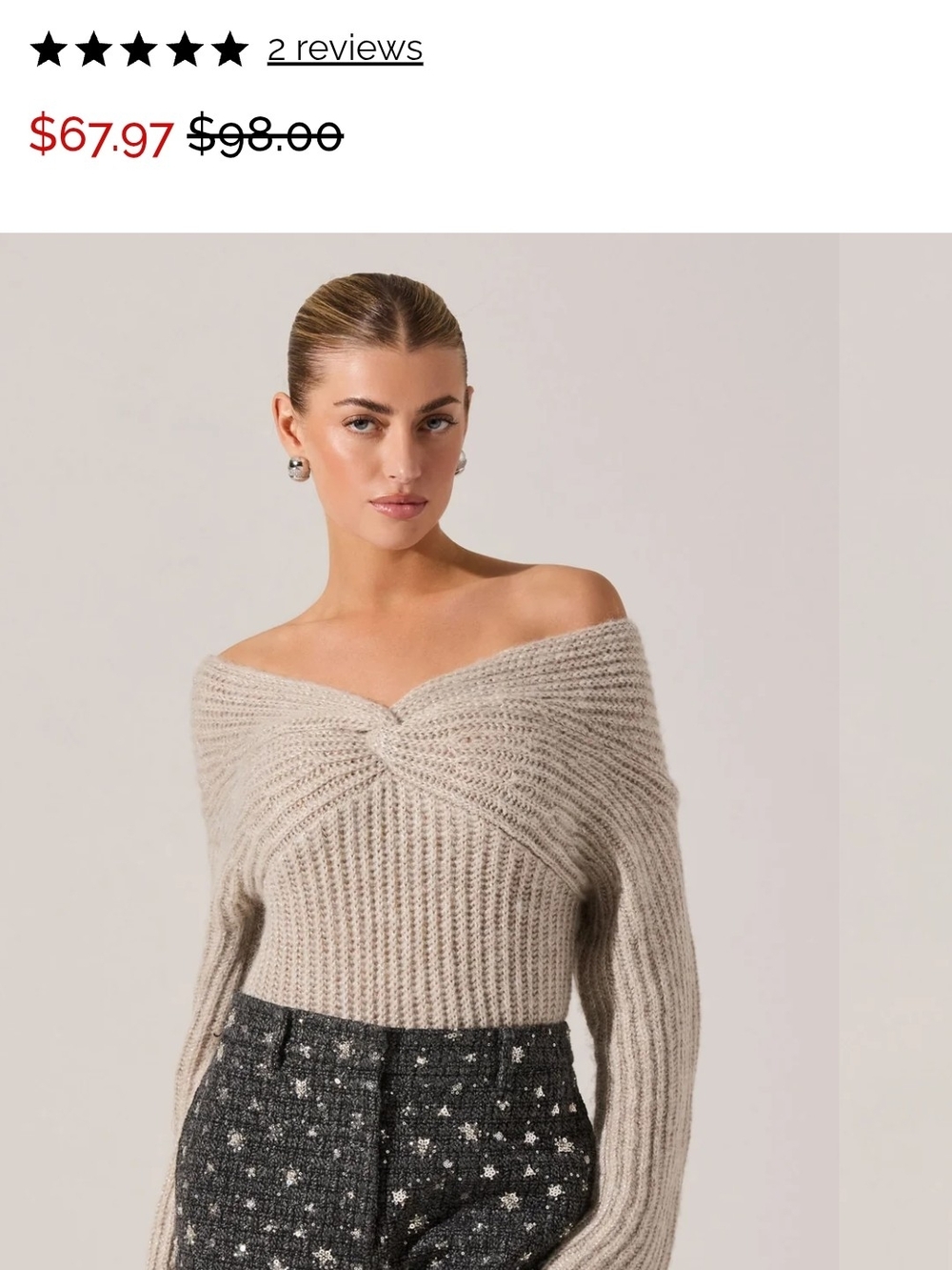 Astr Off-Shoulder Twist Ribbed Sweater in Light Beige